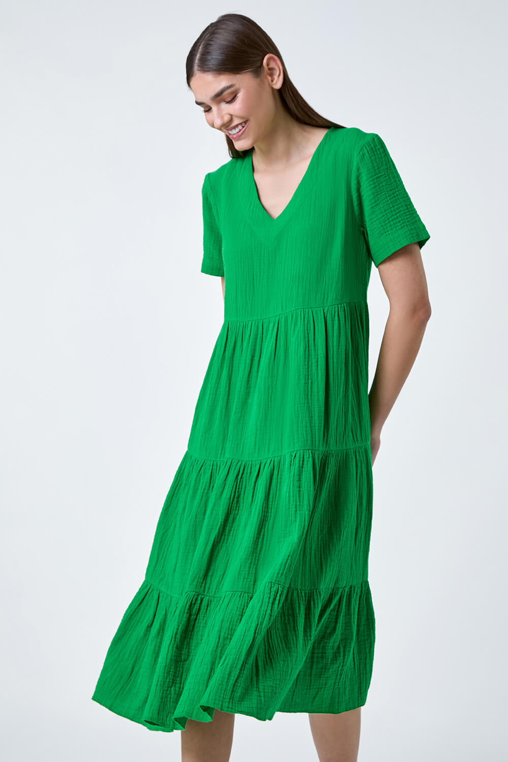 Green Cotton Textured Tiered Midi Dress, Image 4 of 5