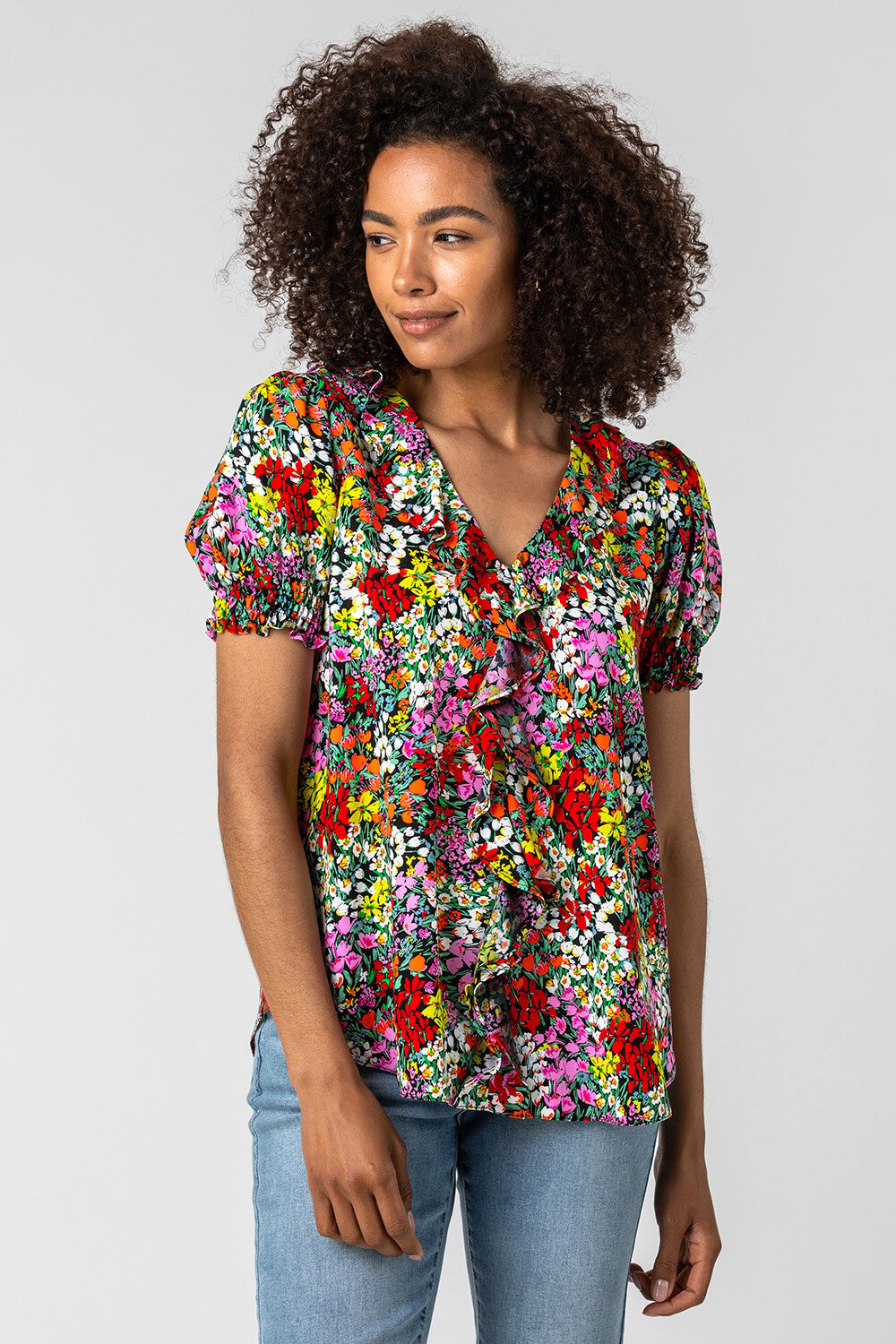 Multi  Floral Print Frill Detail Blouse, Image 4 of 5