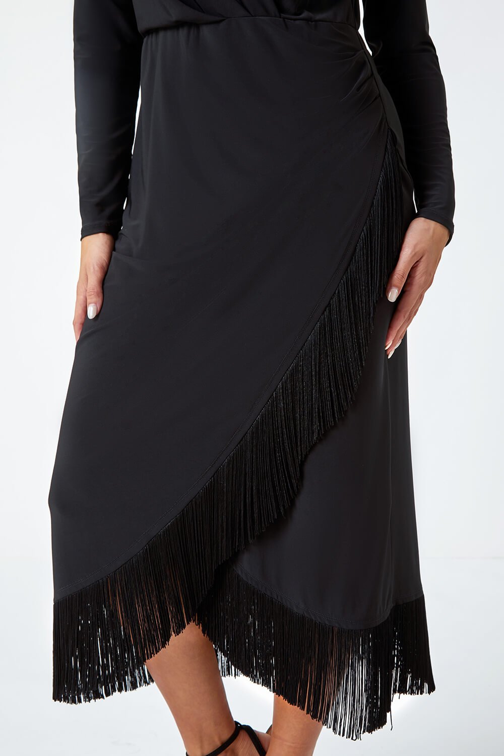 Black Tassel Trim Stretch Wrap Dress, Image 5 of 5