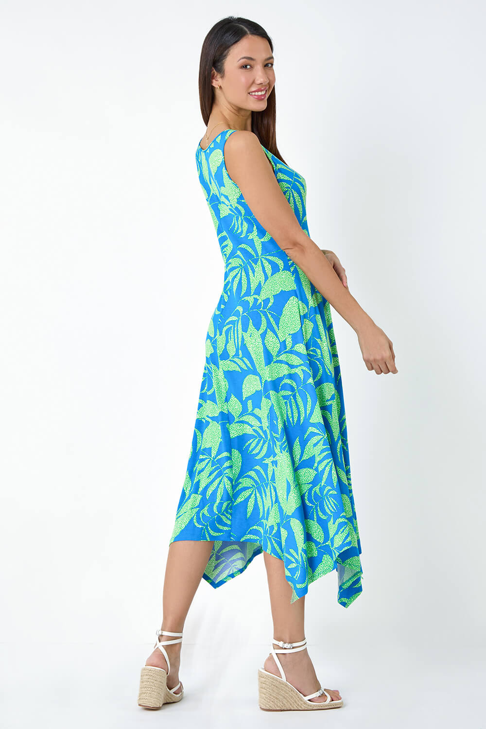 Turquoise Tropical Print Pleated Maxi Stretch Dress, Image 3 of 5