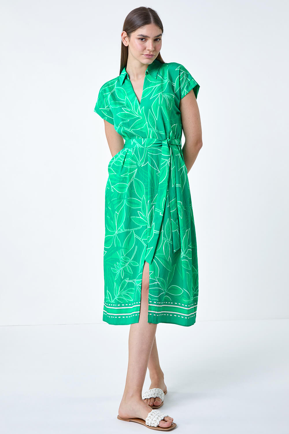 Lace Up Back Leaf Print Midi Dress