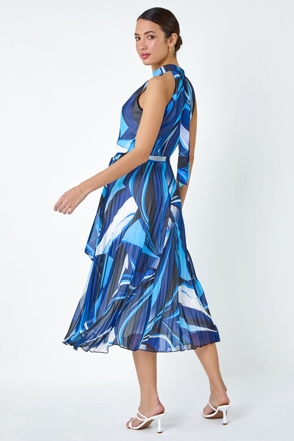 Navy  Abstract Print Midi Pleated Dress, Image 3 of 5