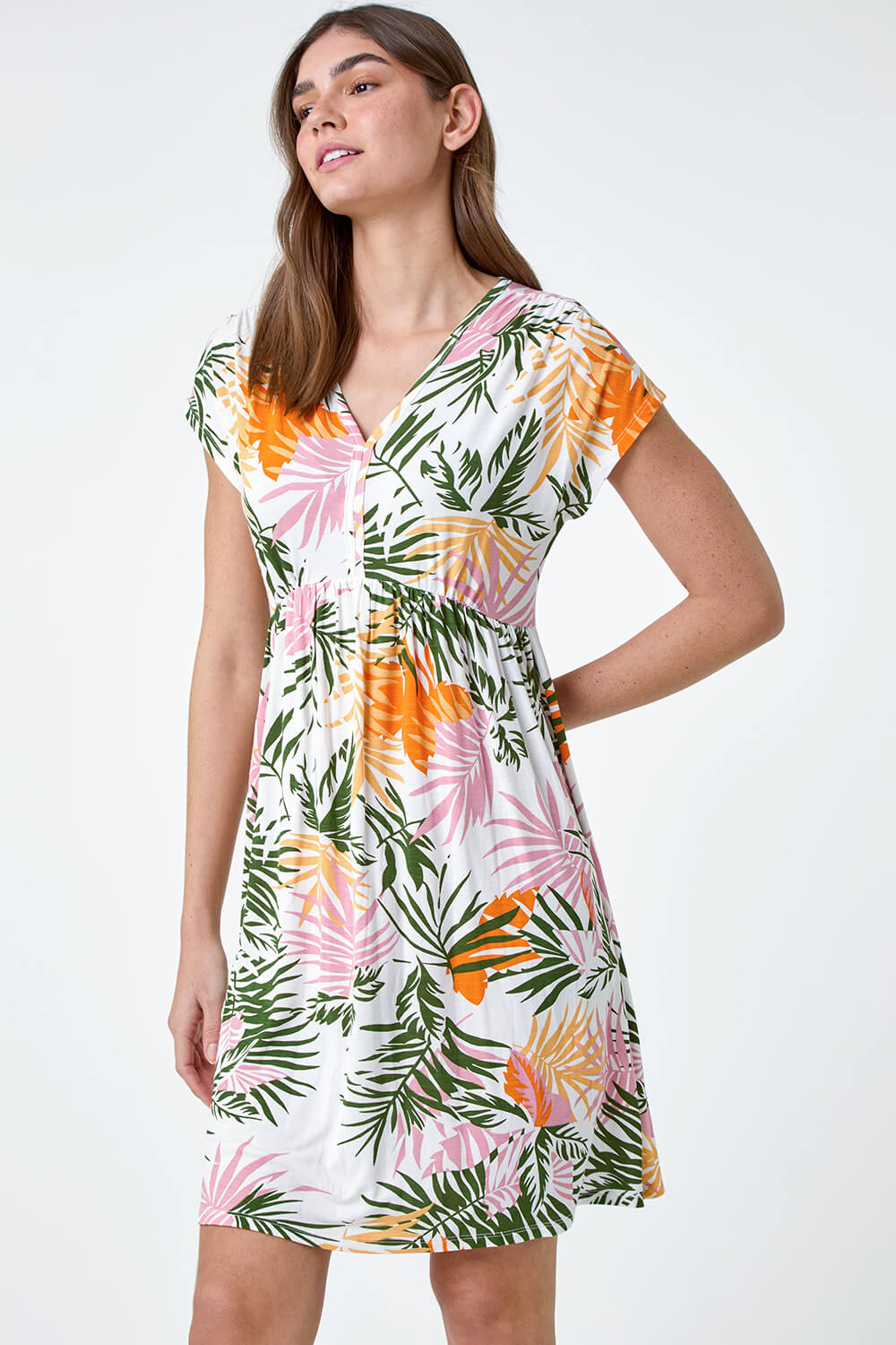 Tropical Floral Gathered Stretch Dress