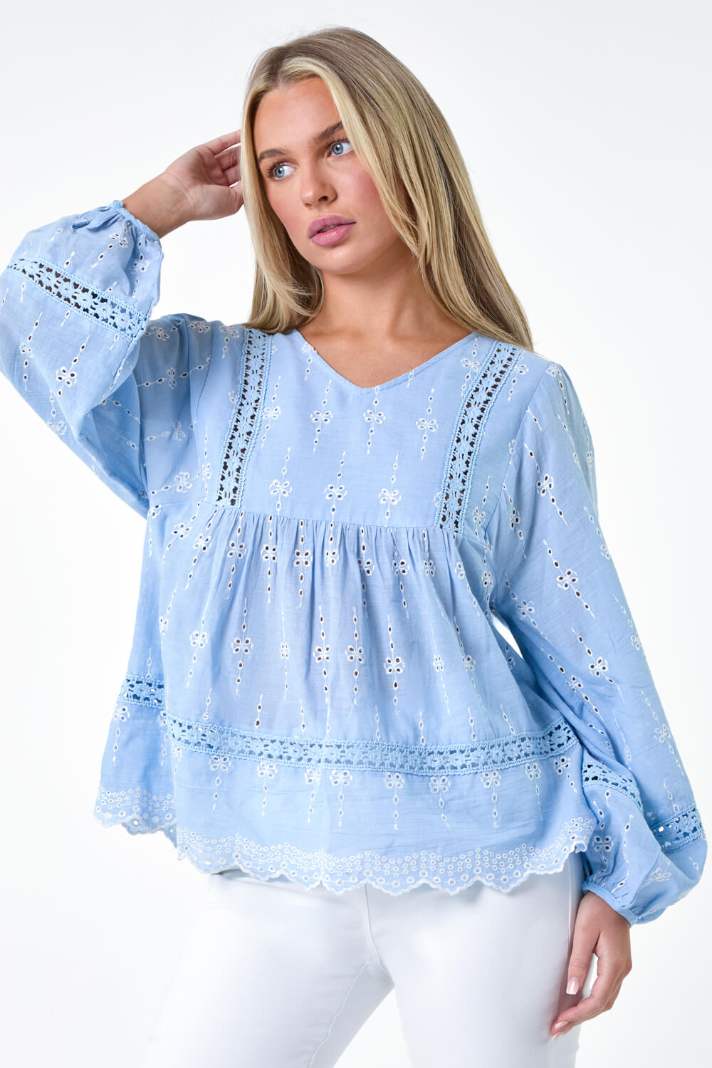 Light Blue  Petite Embroidered Cotton Smock Top, Image 4 of 5