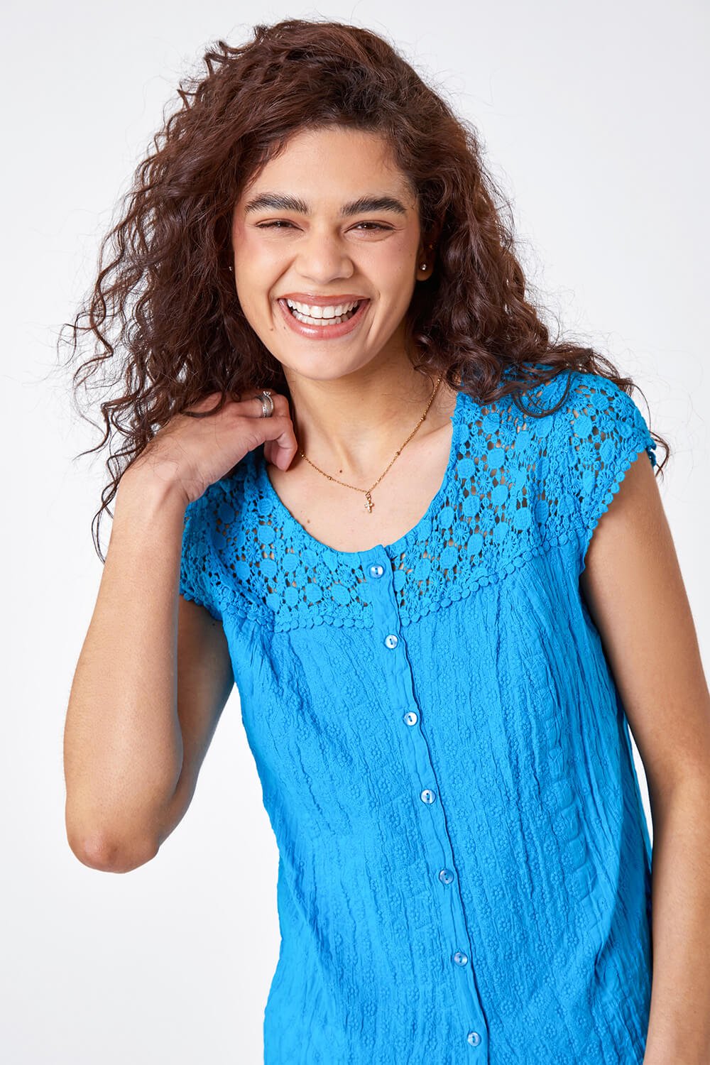 Lace Yoke and Sleeve Crinkle Blouse in Turquoise - Roman Originals UK