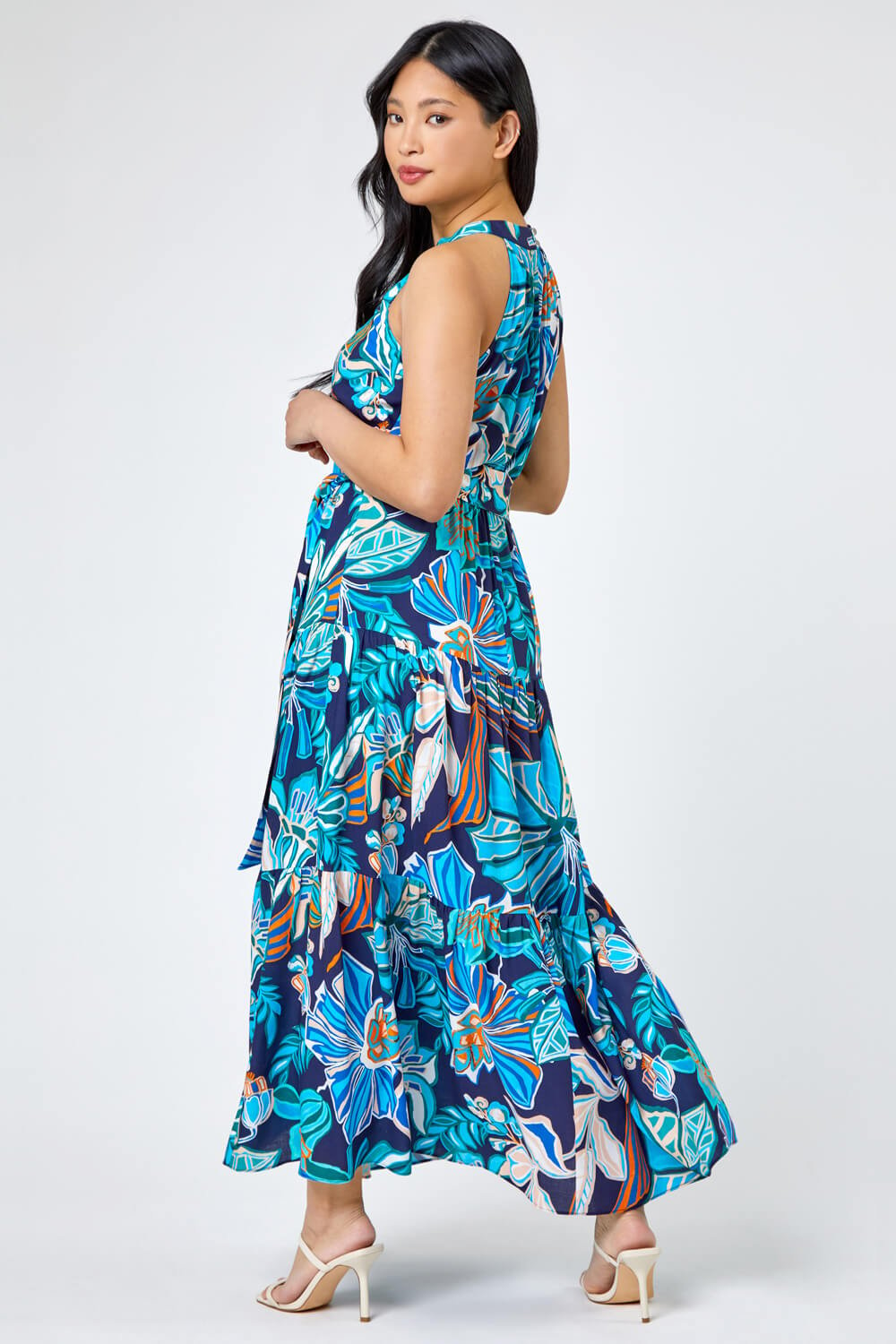 Petite Floral Print Tiered Dress in Blue - Roman Originals UK
