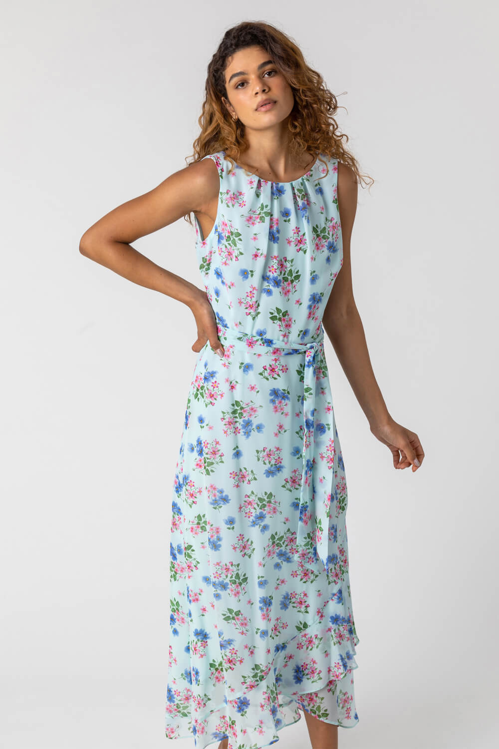 Blue Tie Waist Floral Print Maxi Dress, Image 3 of 4