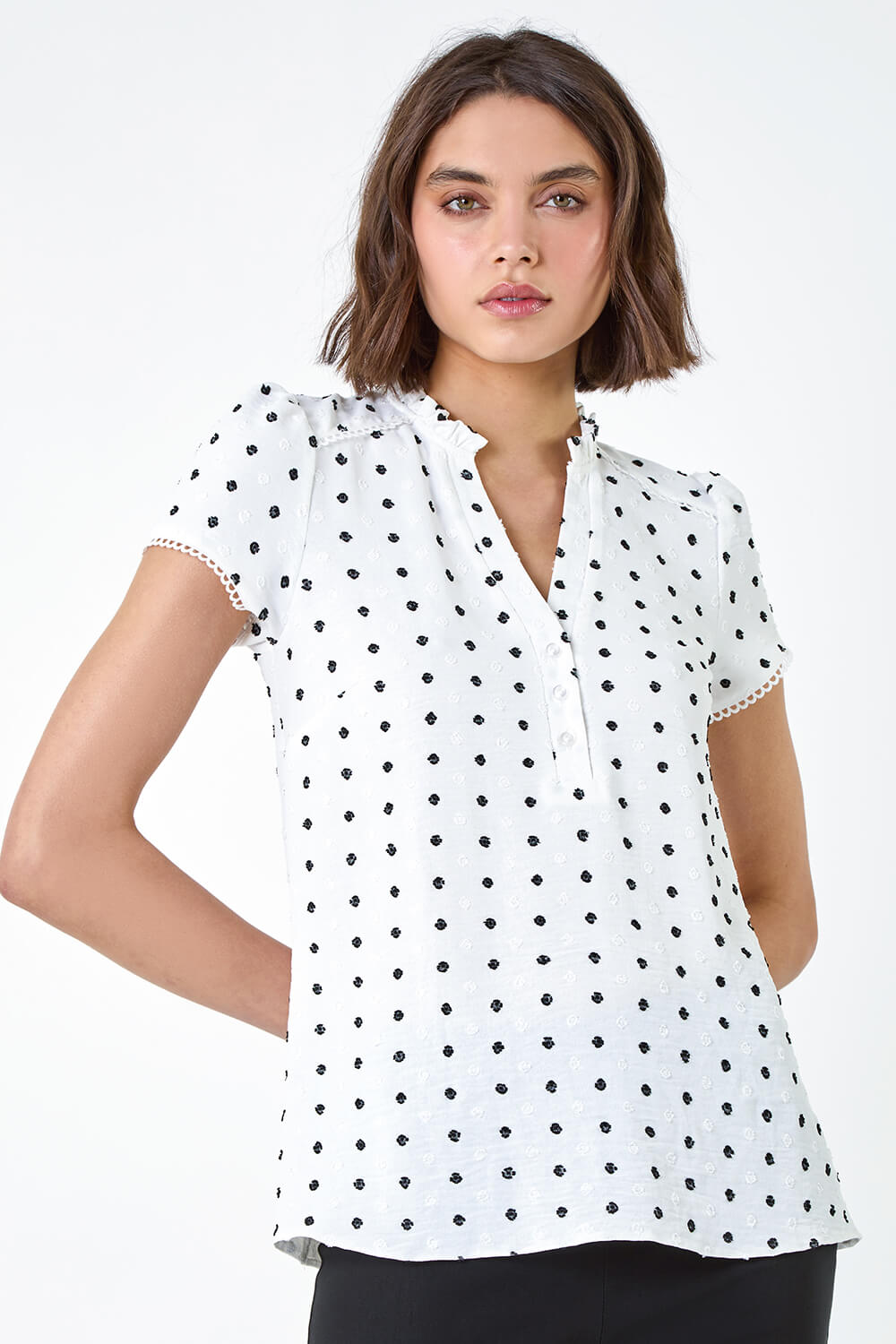 Ivory  Textured Spot Print Ruffle Detail Top, Image 4 of 5