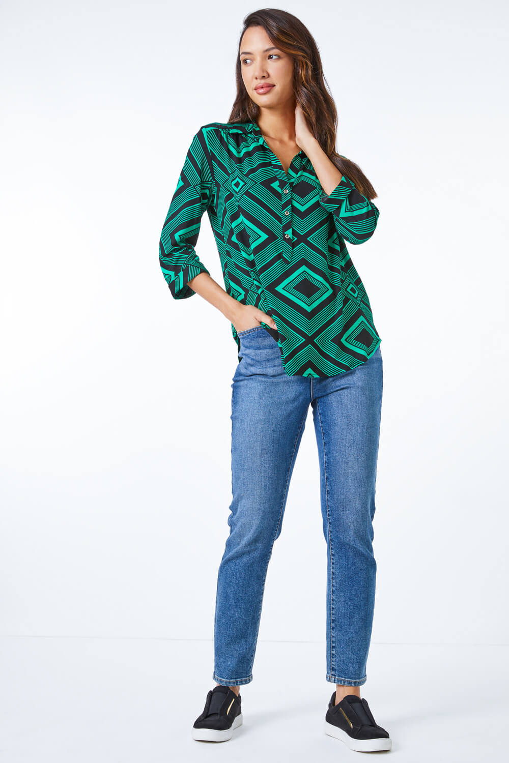 Green Geometric Stretch Jersey Shirt, Image 2 of 5
