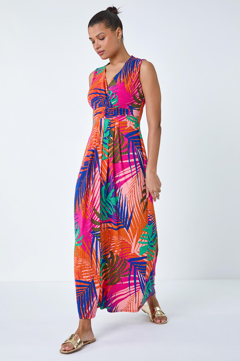 PINK Tropical Gathered Stretch Maxi Dress, Image 3 of 5