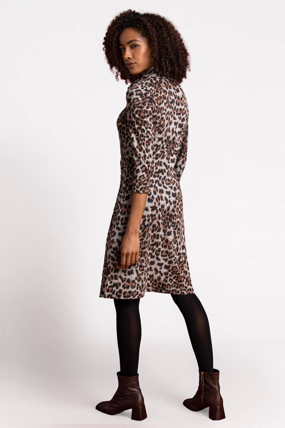 Camel  Leopard Print Cowl Neck Dress, Image 2 of 4