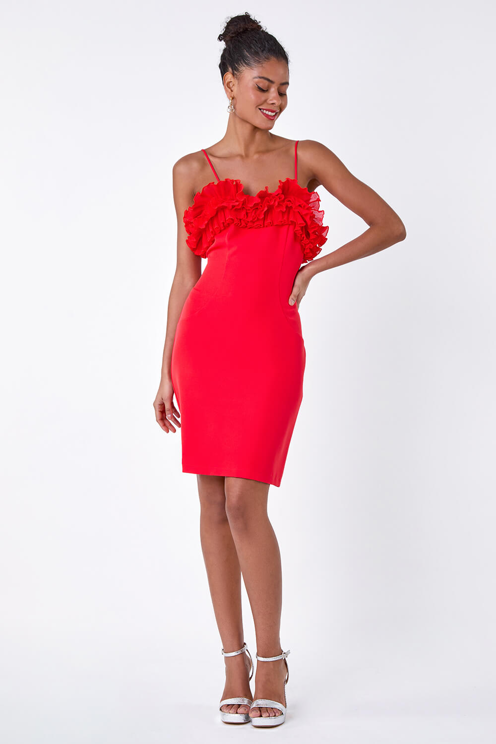 Red Frill Detail Stretch Dress, Image 2 of 7