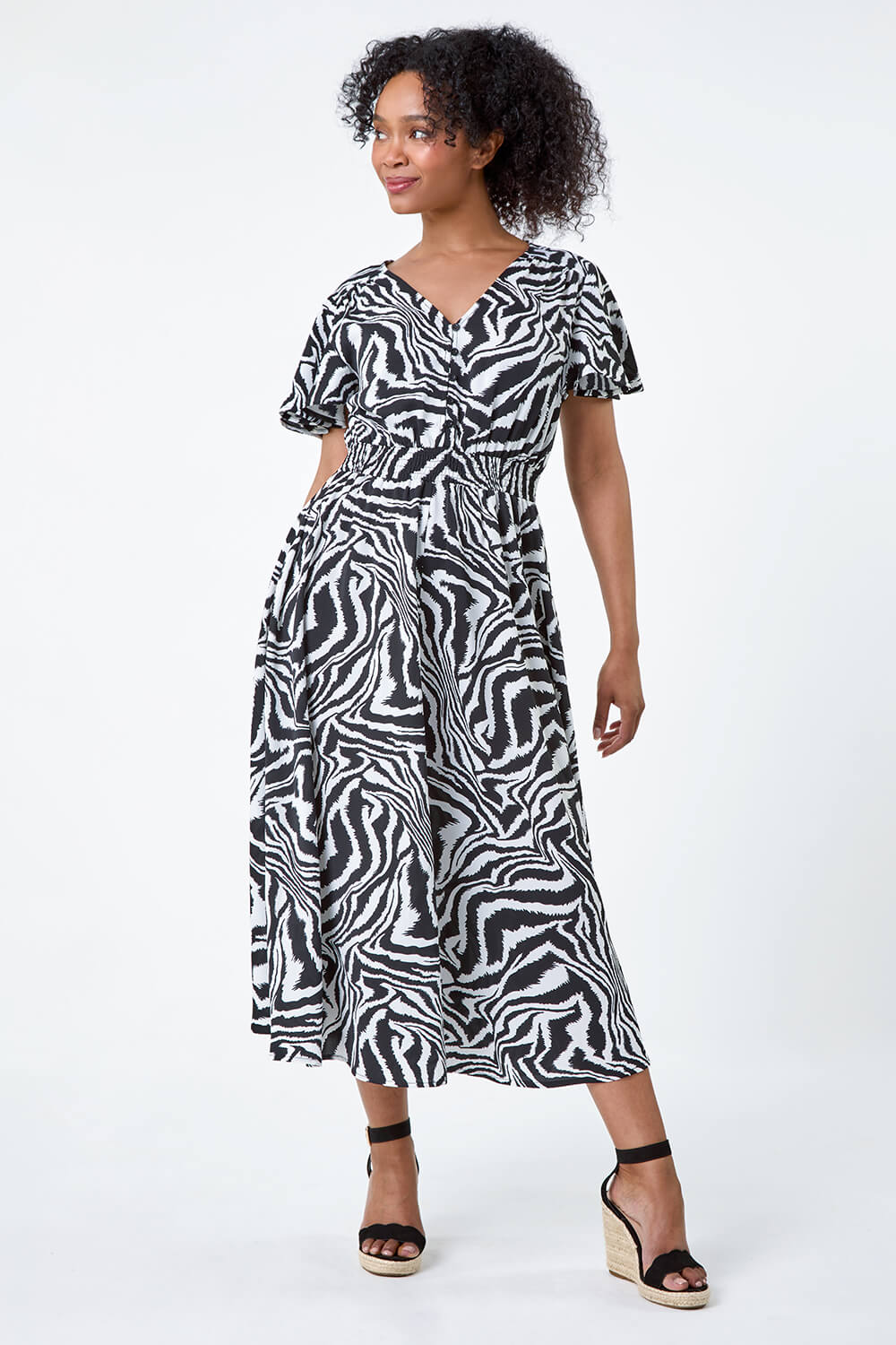 Black Petite Animal Print Shirred Midi Dress, Image 2 of 5