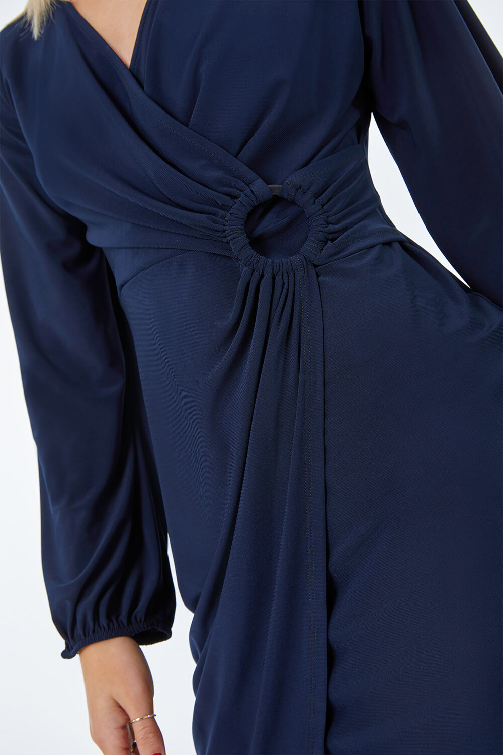 Navy  Ring Buckle Ruched Wrap Dress, Image 5 of 5