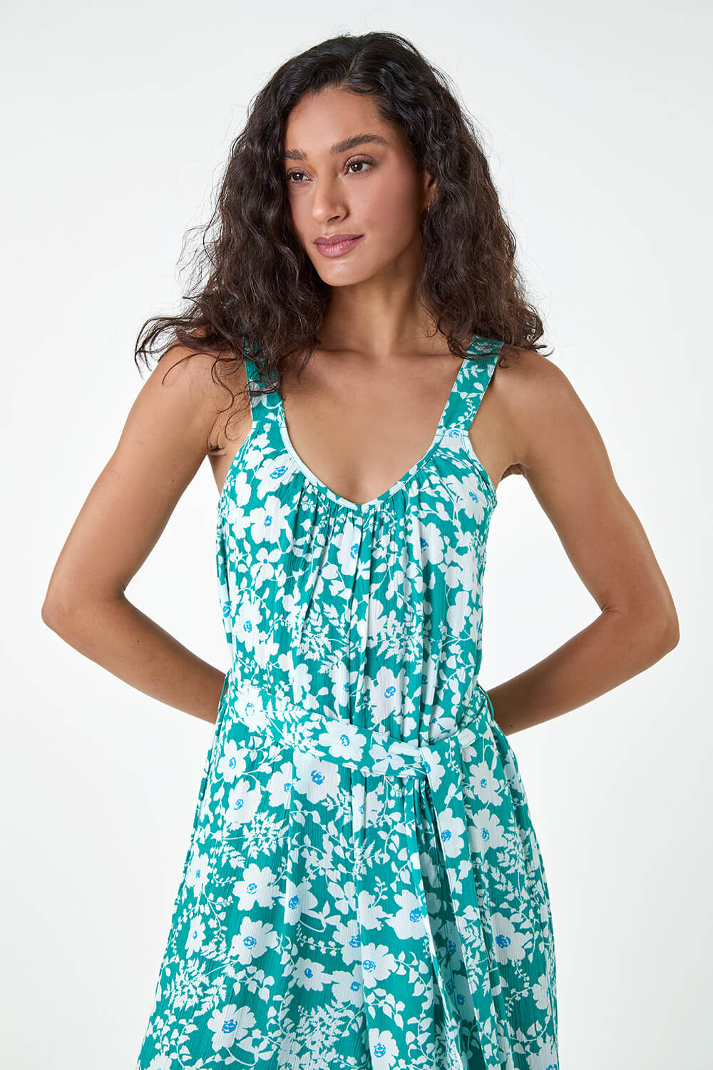 Turquoise Floral Print Belted Jumpsuit, Image 4 of 5