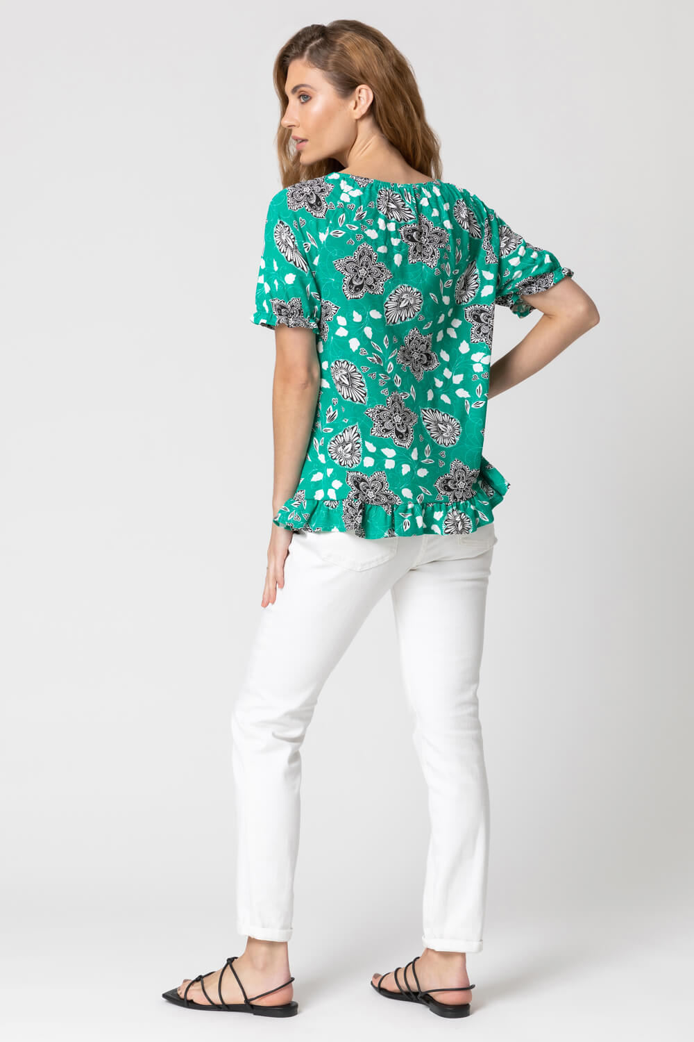 Green Floral Paisley Tassel Frill Top, Image 2 of 4