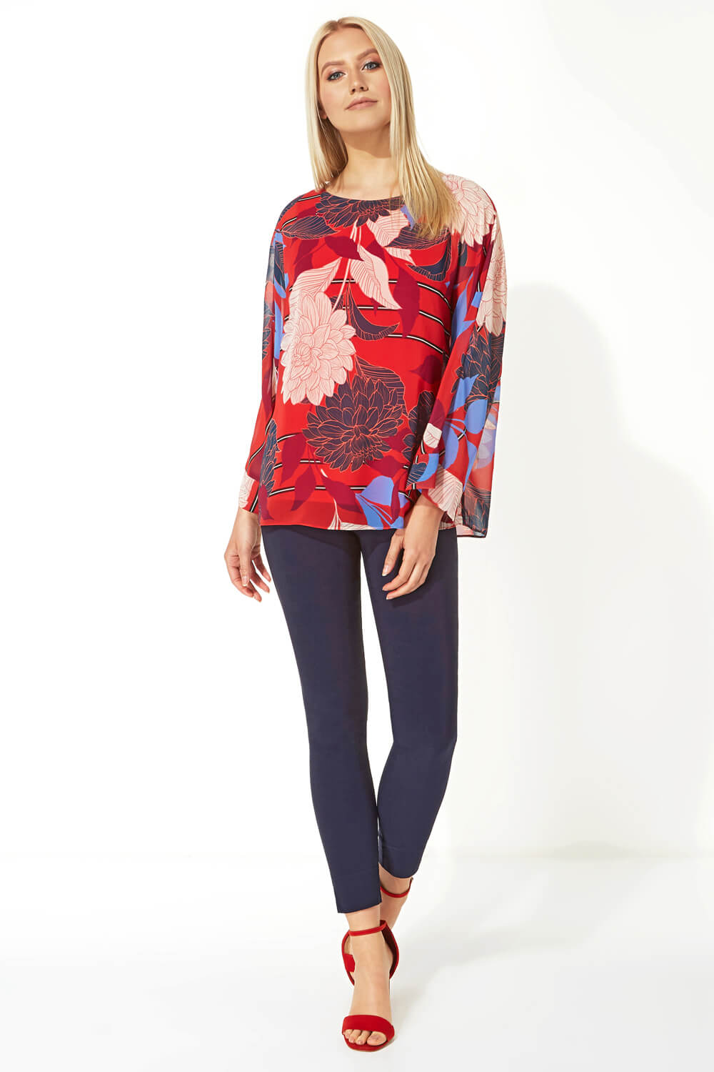 Red Floral Overlay Chiffon Top, Image 2 of 5