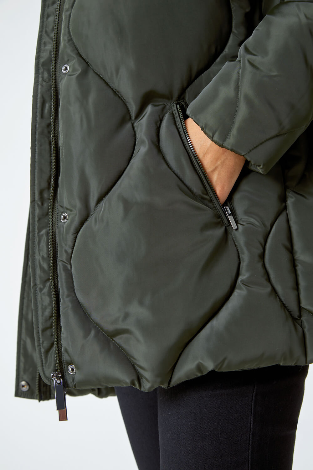 Dark Green Quilted Faux Fur Hooded Coat, Image 5 of 5