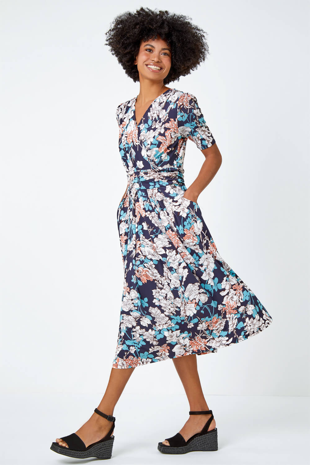 Teal Floral Print Ruched Waist Wrap Dress , Image 4 of 5