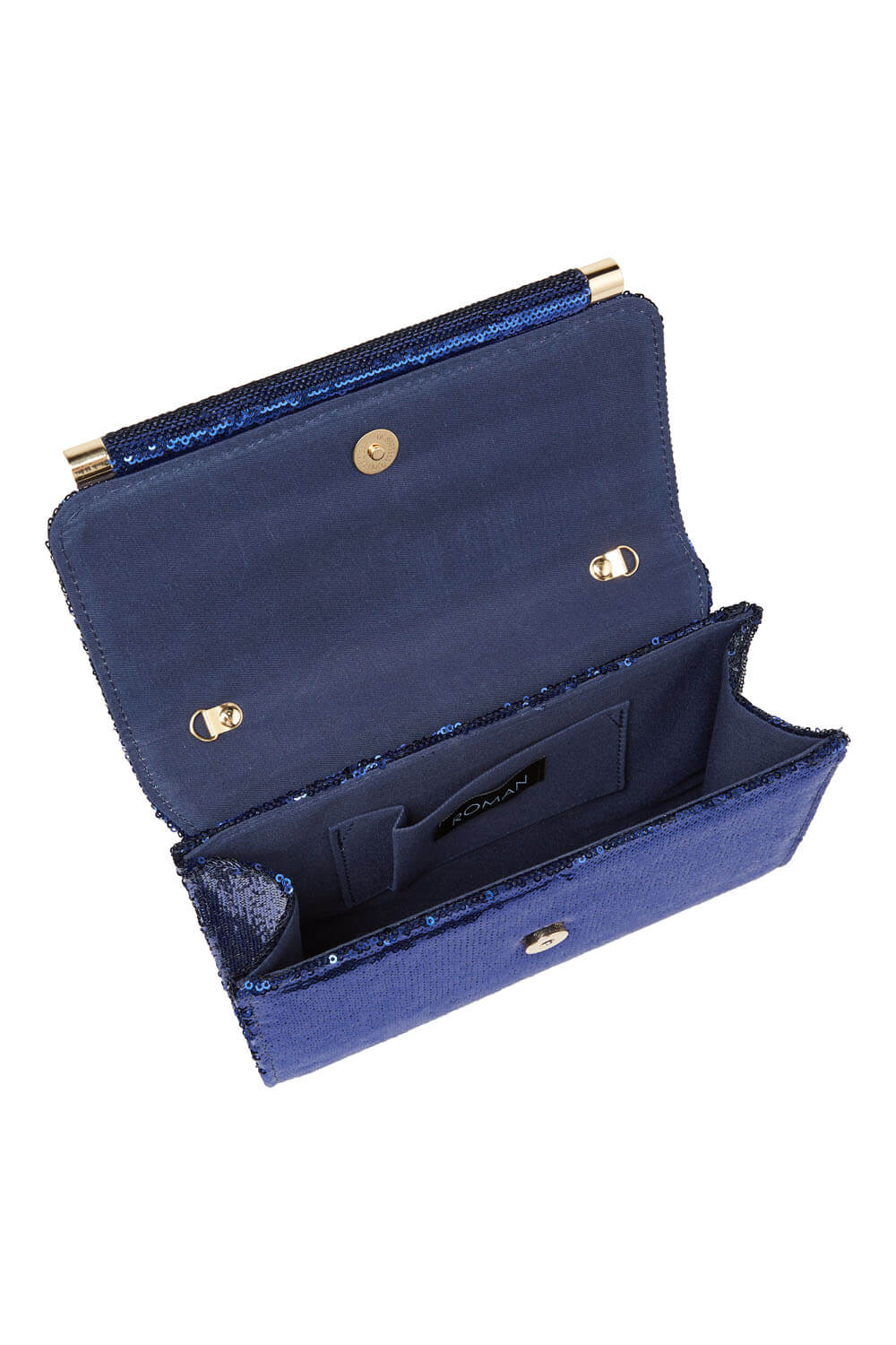 Blue Sequin Foldover Metal Bar Clutch Bag, Image 3 of 5