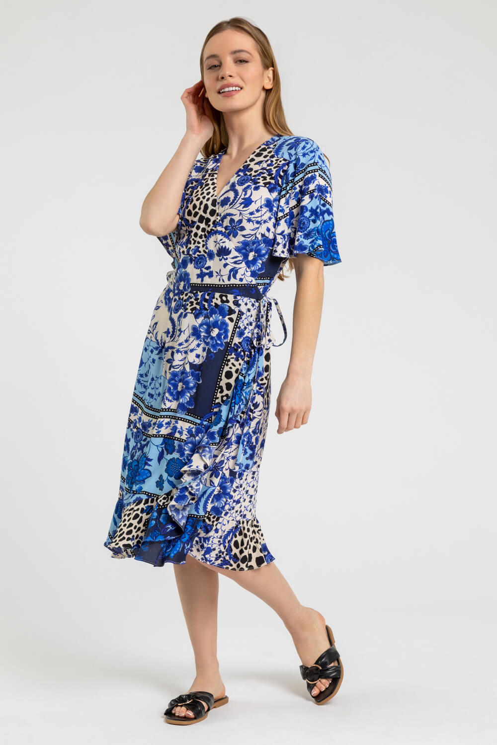 Petite Floral Contrast Print Wrap Dress in Blue | Roman UK