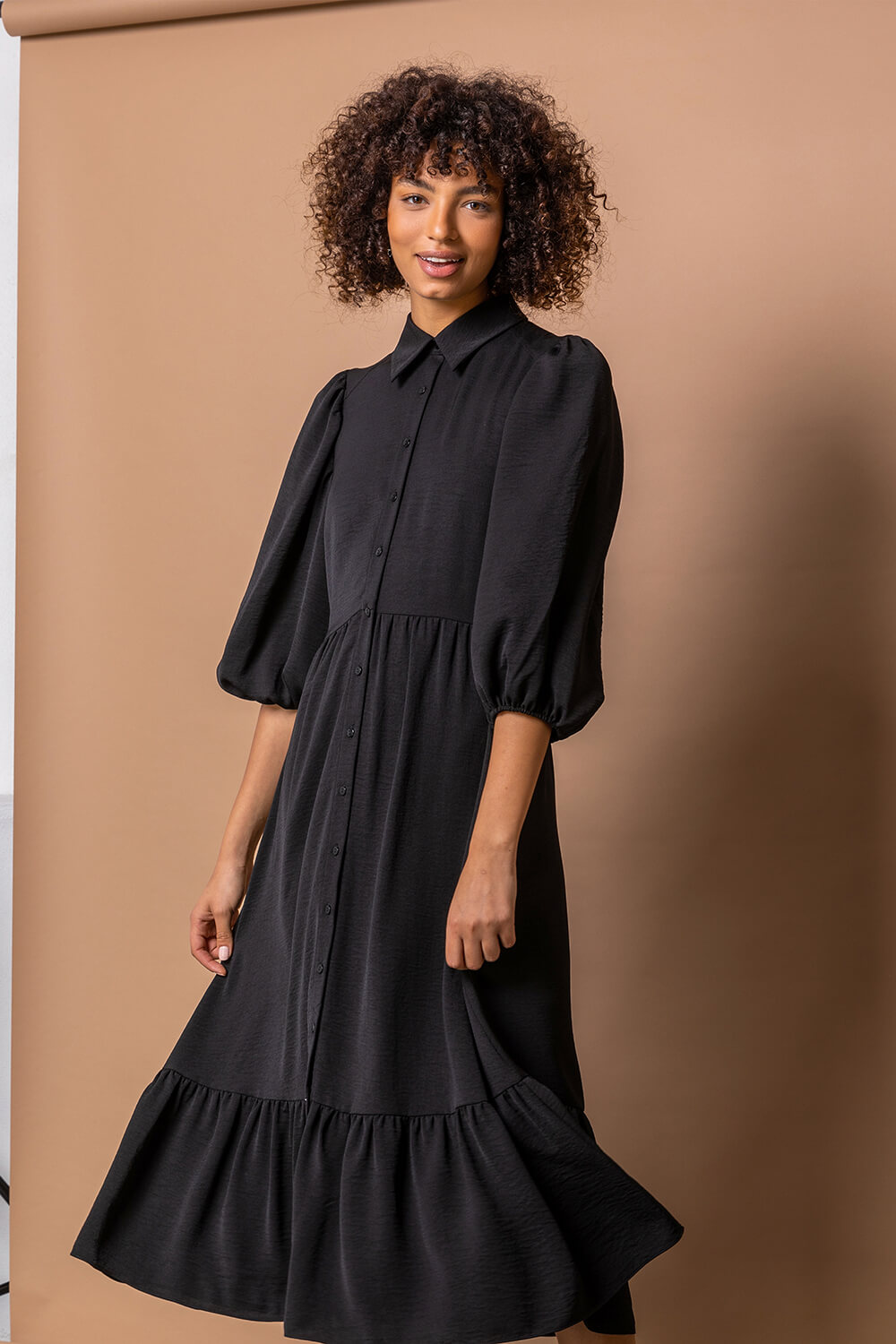 Black Tiered Midi Length Shirt Dress, Image 3 of 5