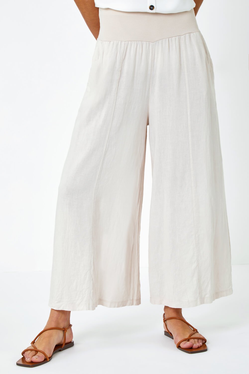 Natural  Linen Blend Stretch Waist Culottes, Image 4 of 5