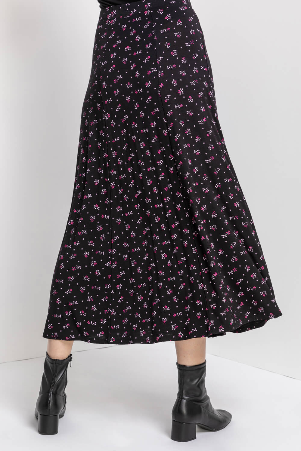 Black Floral Print Jersey Midi Skirt, Image 2 of 5