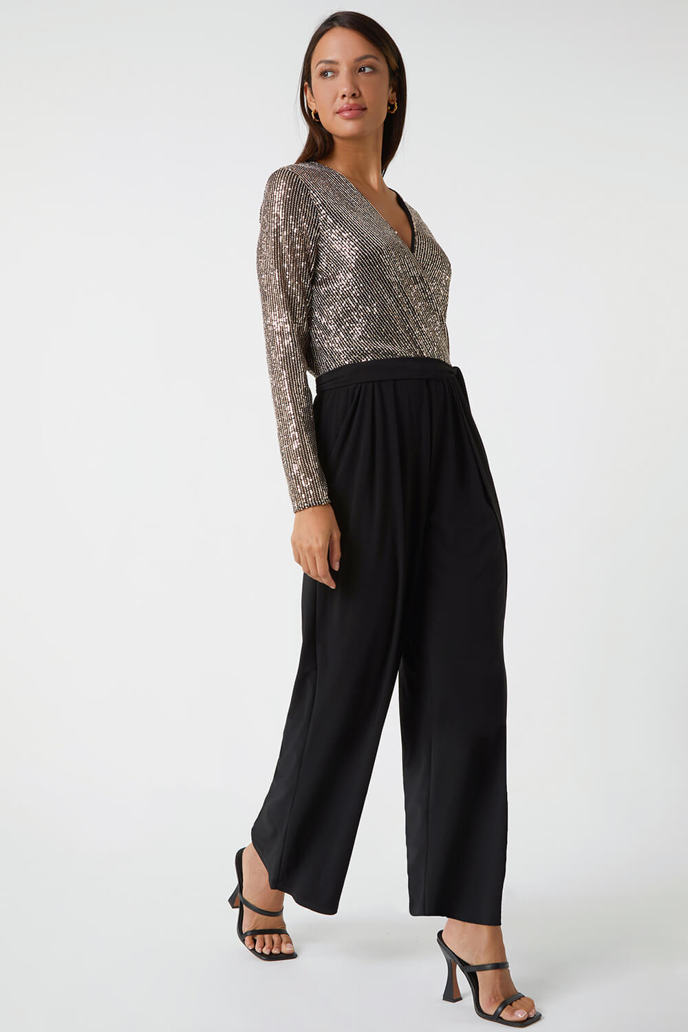 Bronze Sequin Wrap Wide Leg Stretch Jumpsuit | Roman UK