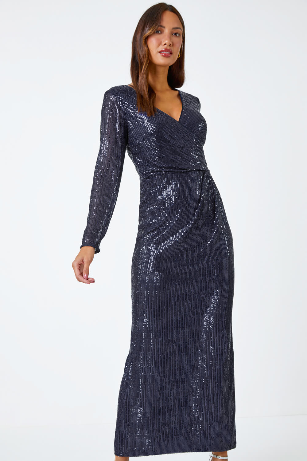 Navy  Sequin Wrap Stretch Maxi Dress, Image 5 of 5