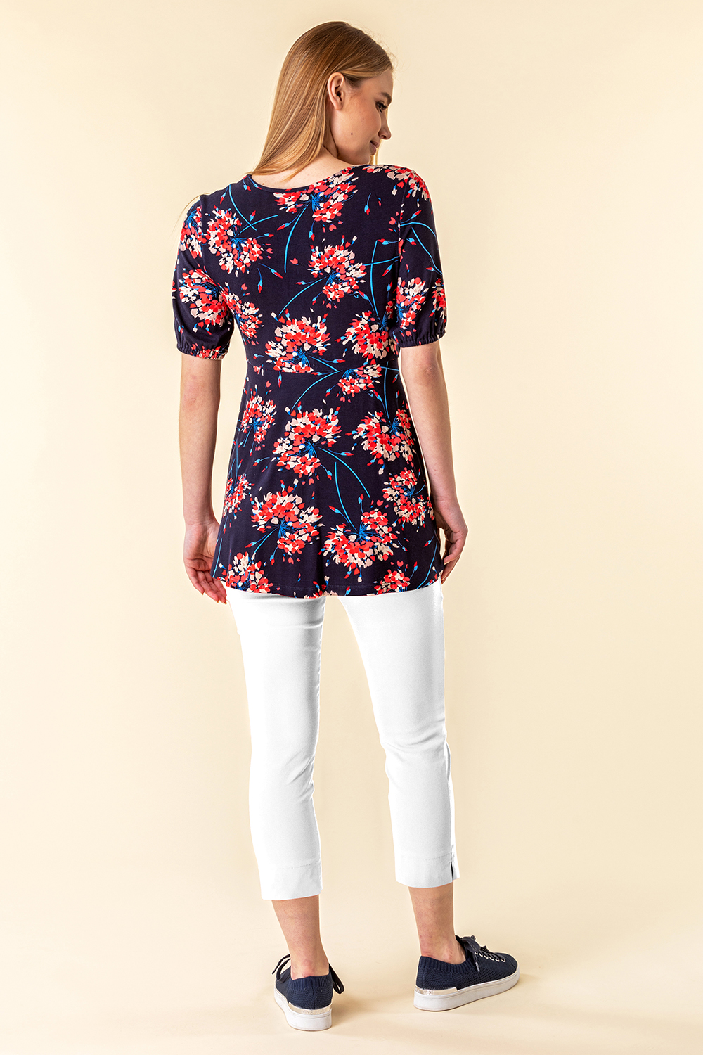 Navy  Gathered Front Floral Top, Image 2 of 4