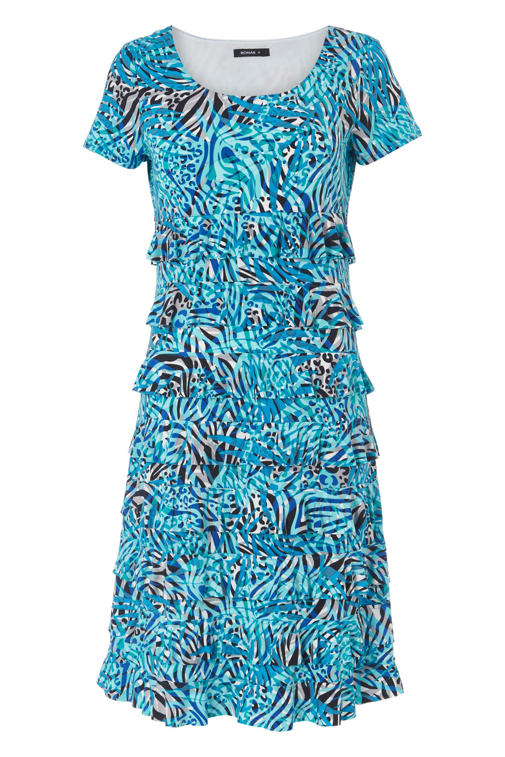 Blue Abstract Animal Print Frill Tiered Dress, Image 4 of 4