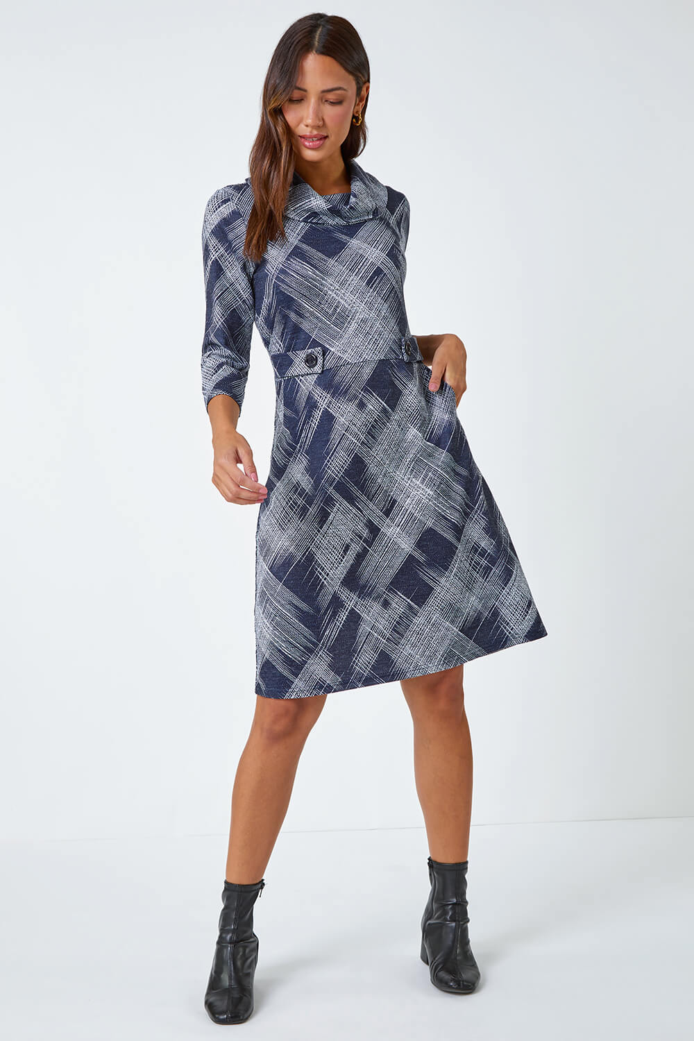 Navy  Abstract Cowl Neck Stretch Dress, Image 2 of 5
