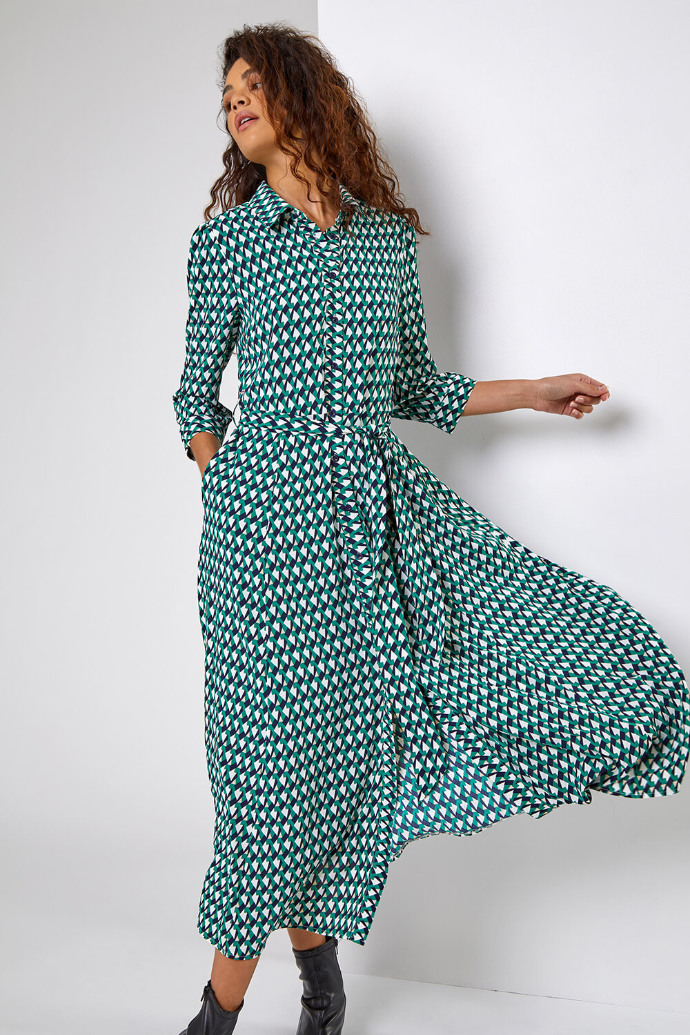 Green Geometric Print Tie Waist Midi Shirt Dress, Image 3 of 5