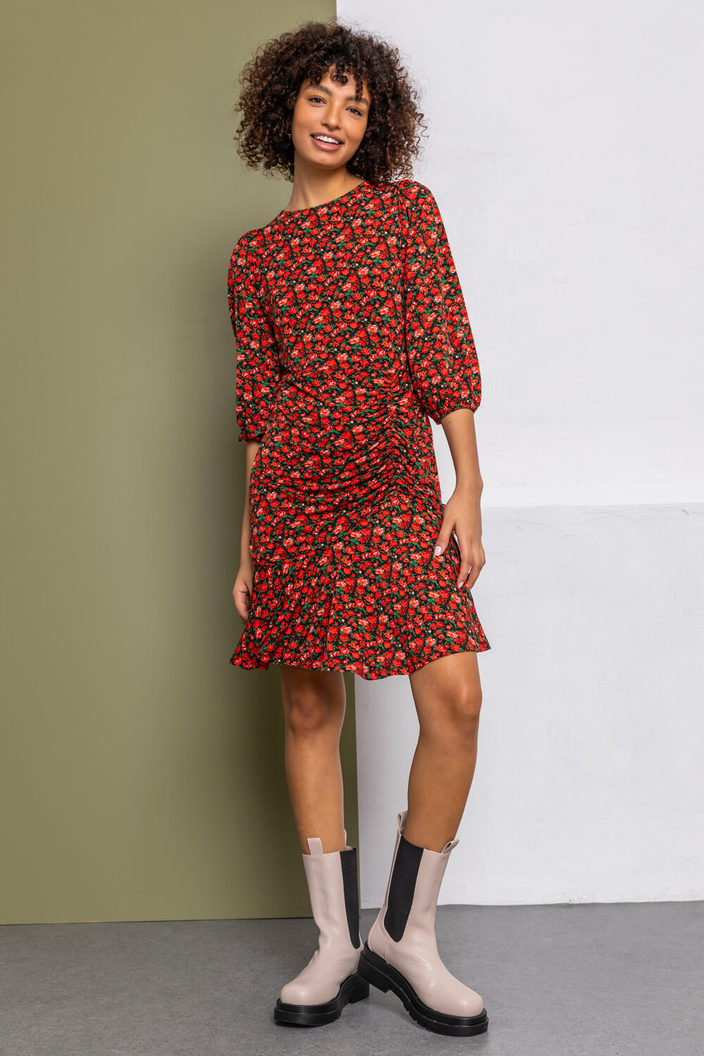 Red Ditsy Floral Ruched Frill Dress, Image 3 of 5