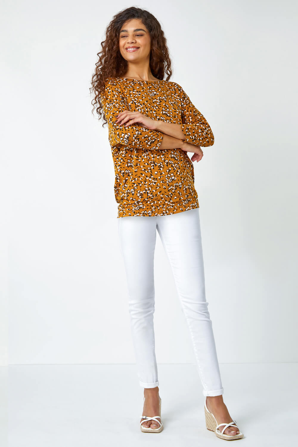 Ochre Ditsy Floral Stretch Blouson Top, Image 2 of 5
