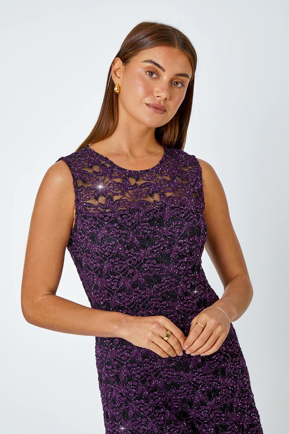 Purple Sleeveless Glitter Lace Stretch Dress, Image 4 of 5