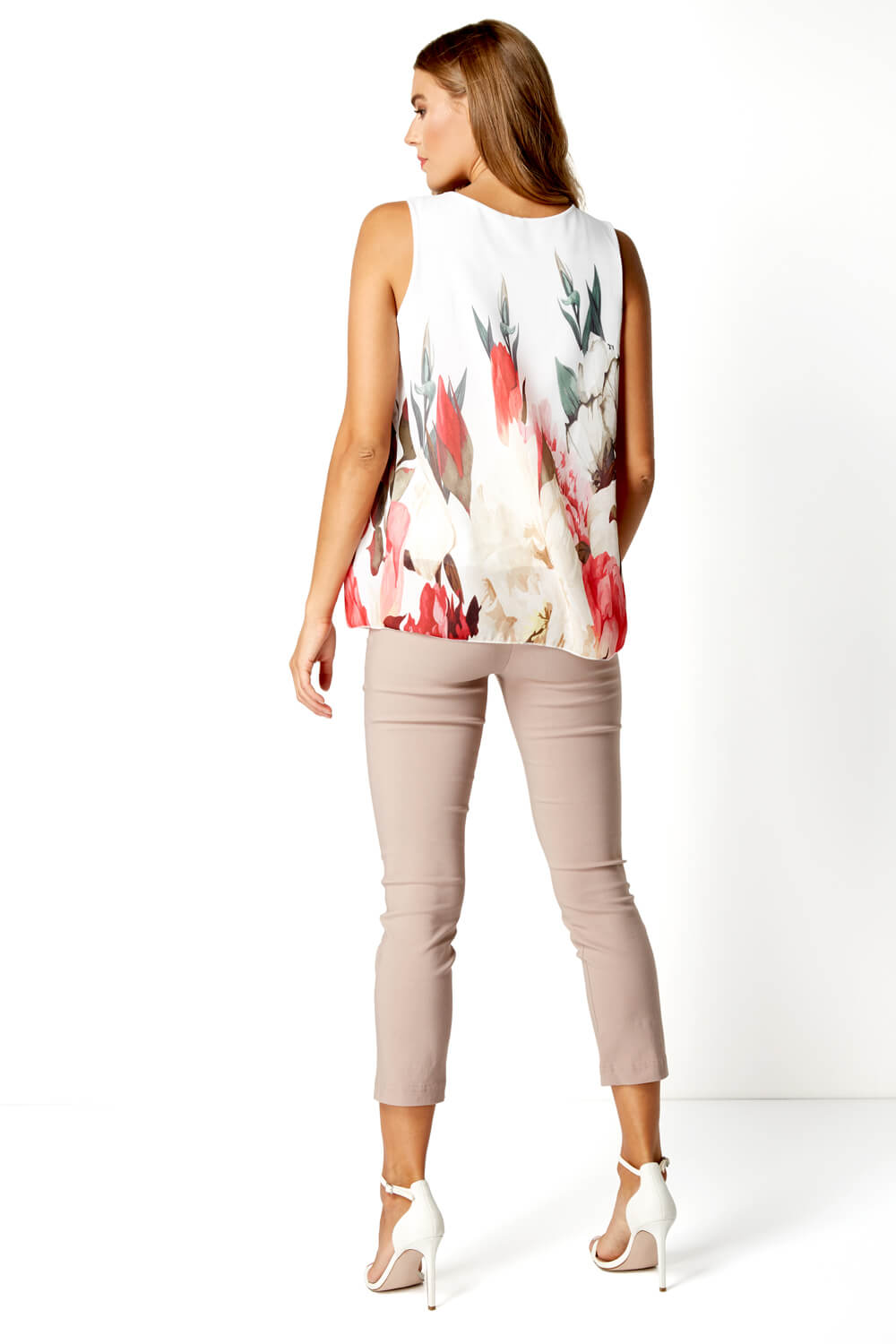 Ivory  Floral Sleeveless Overlay Top, Image 3 of 4
