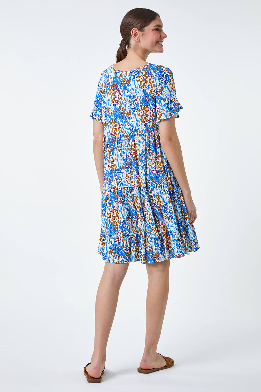 Blue Abstract Print Tiered Smock Dress, Image 3 of 5