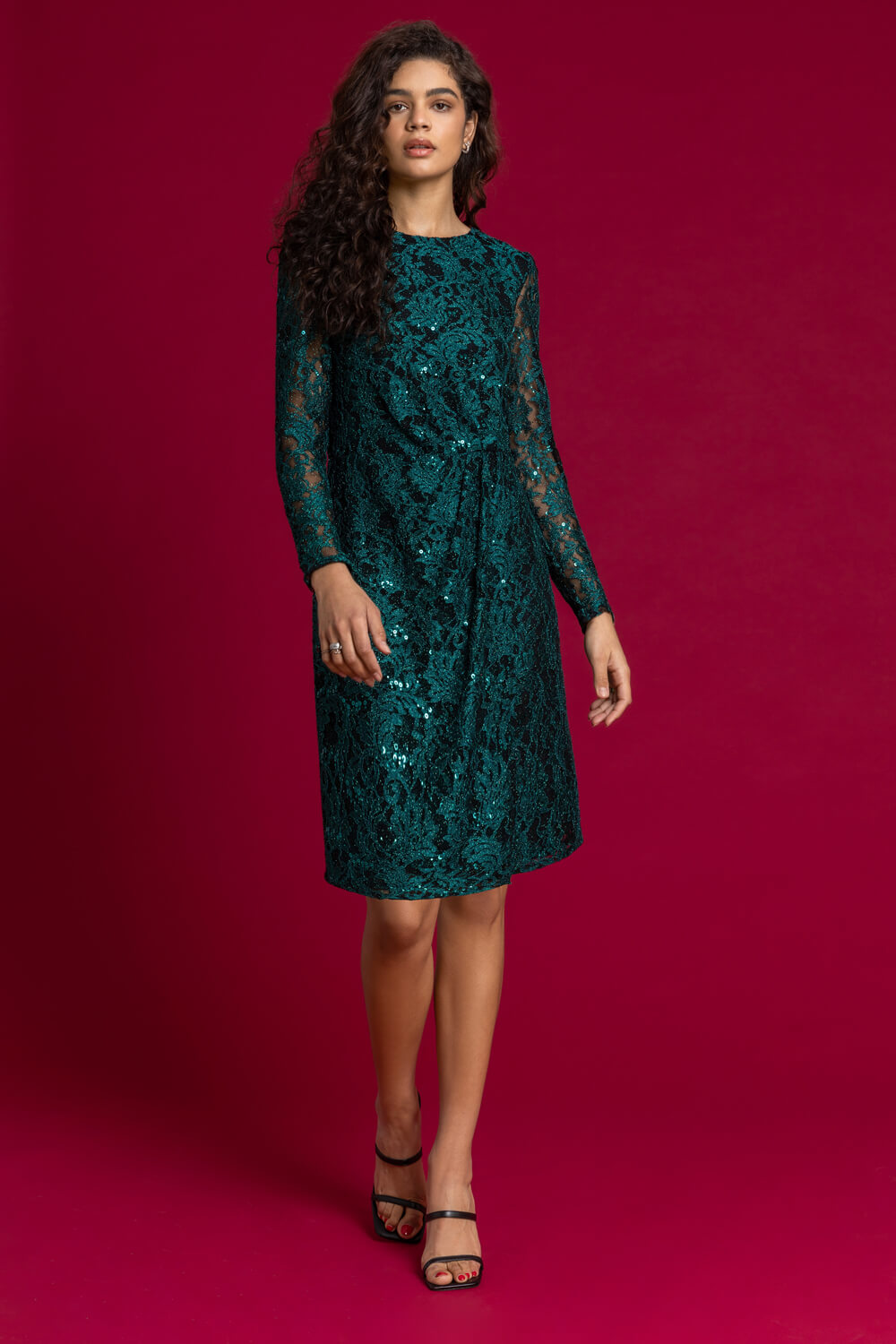 Teal Sequin Ruched Lace Wrap Dress, Image 3 of 5