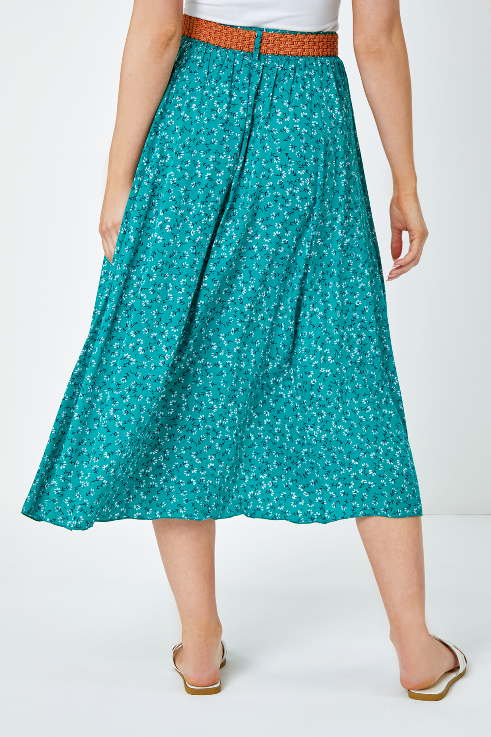 Green Ditsy Floral Print Belted Midi Skirt, Image 4 of 5