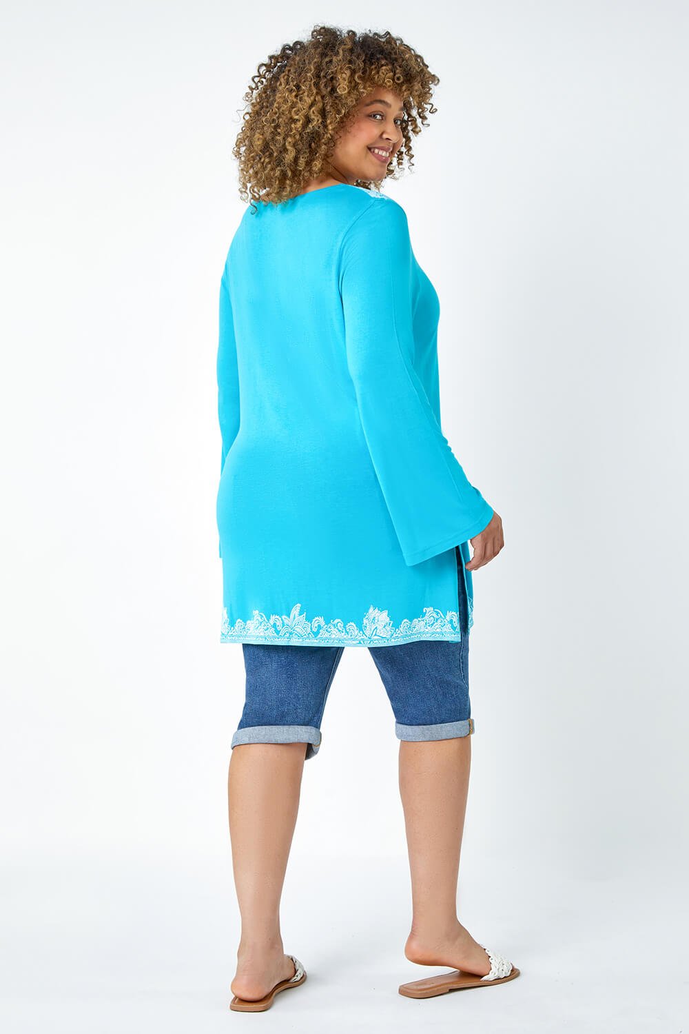Turquoise Curve Border Print Lace Up Top, Image 3 of 5