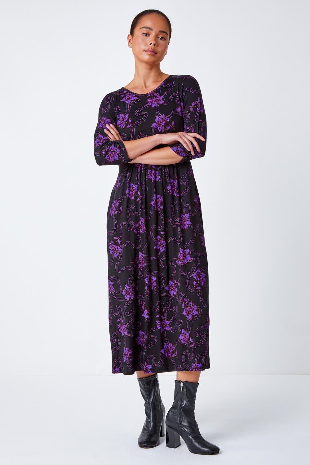 Purple Petite Floral Print Midi Dress, Image 2 of 5