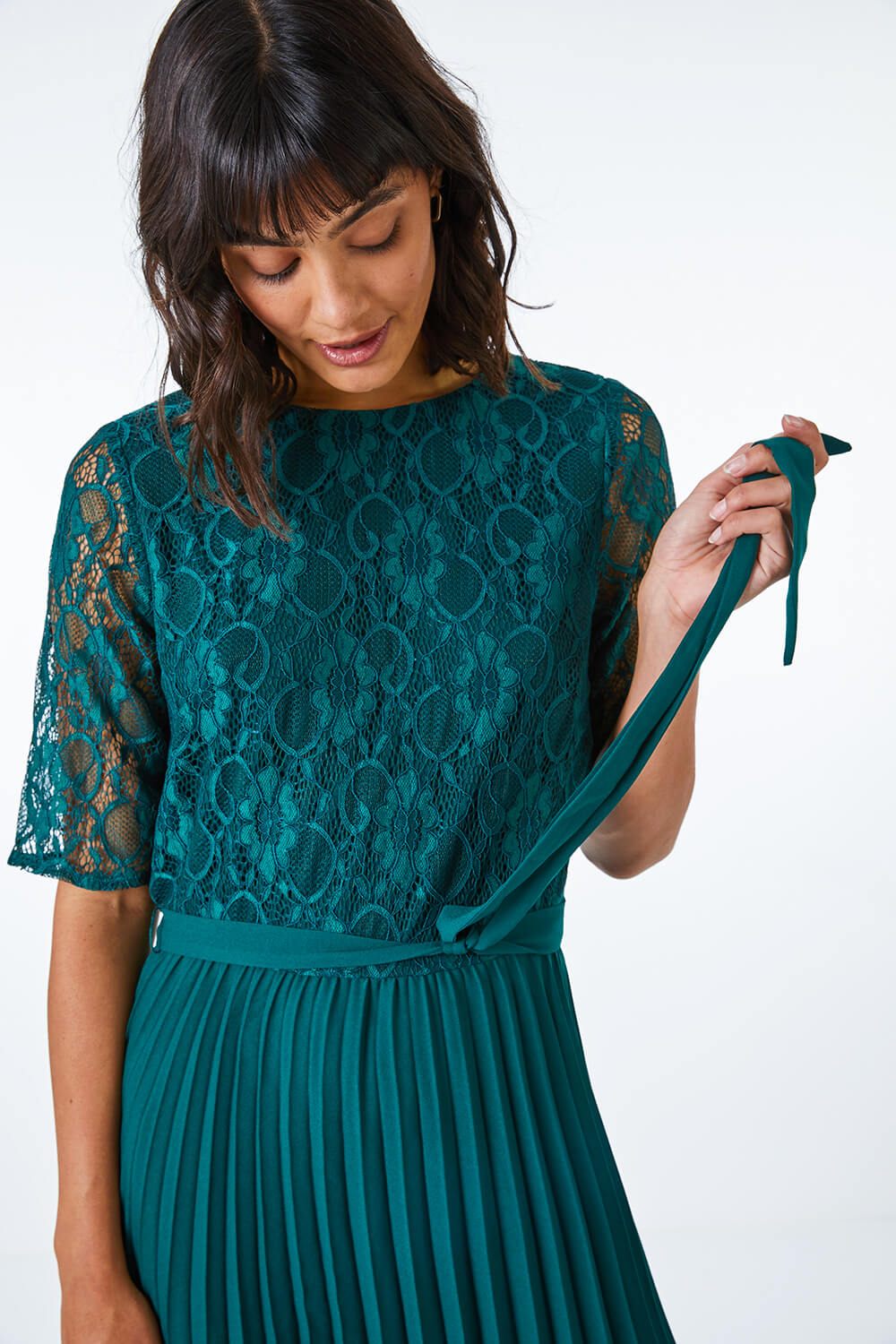 Green Lace Pleated Midi Dress, Image 4 of 5