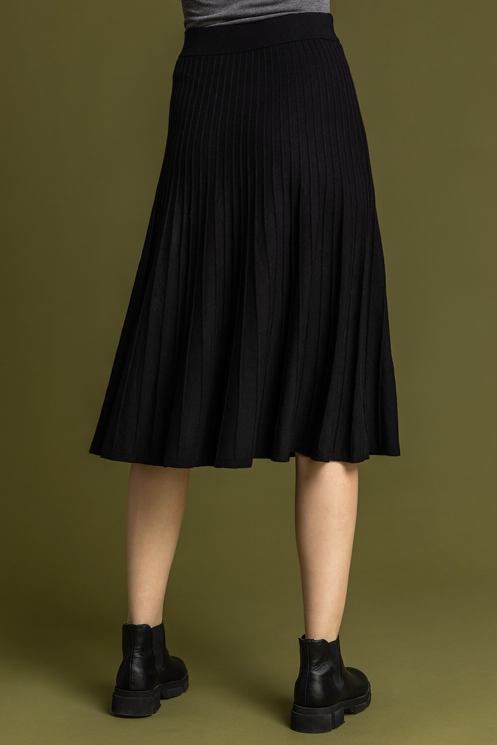 Black Ribbed Knit Pleated Midi Skirt, Image 2 of 5