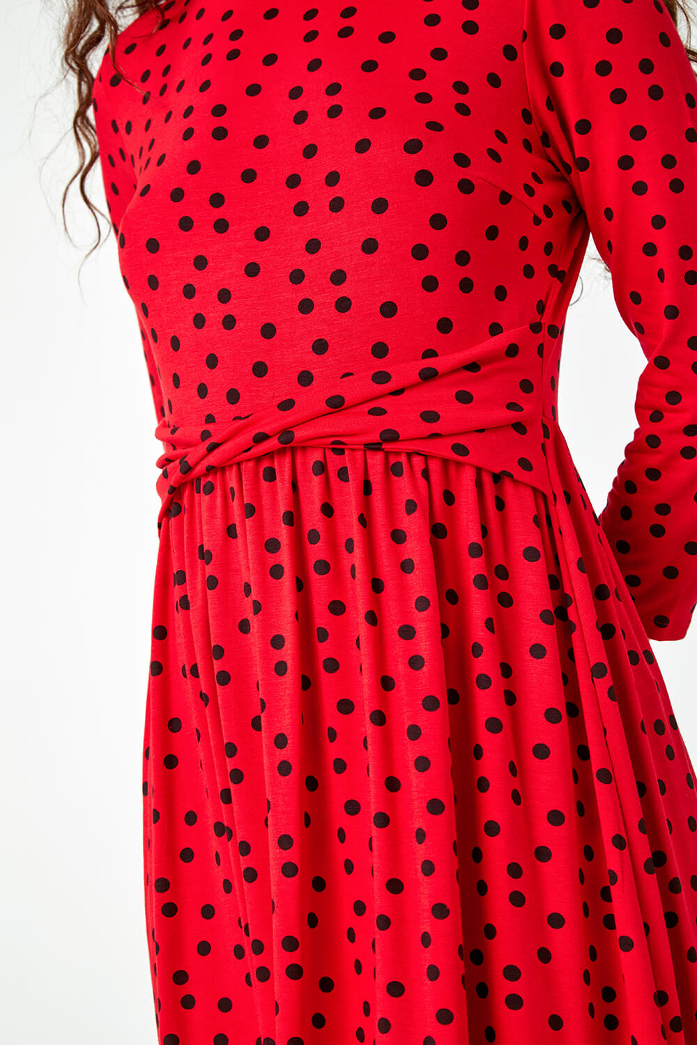 Red Twist Waist Spot Print Stretch Dress, Image 5 of 5
