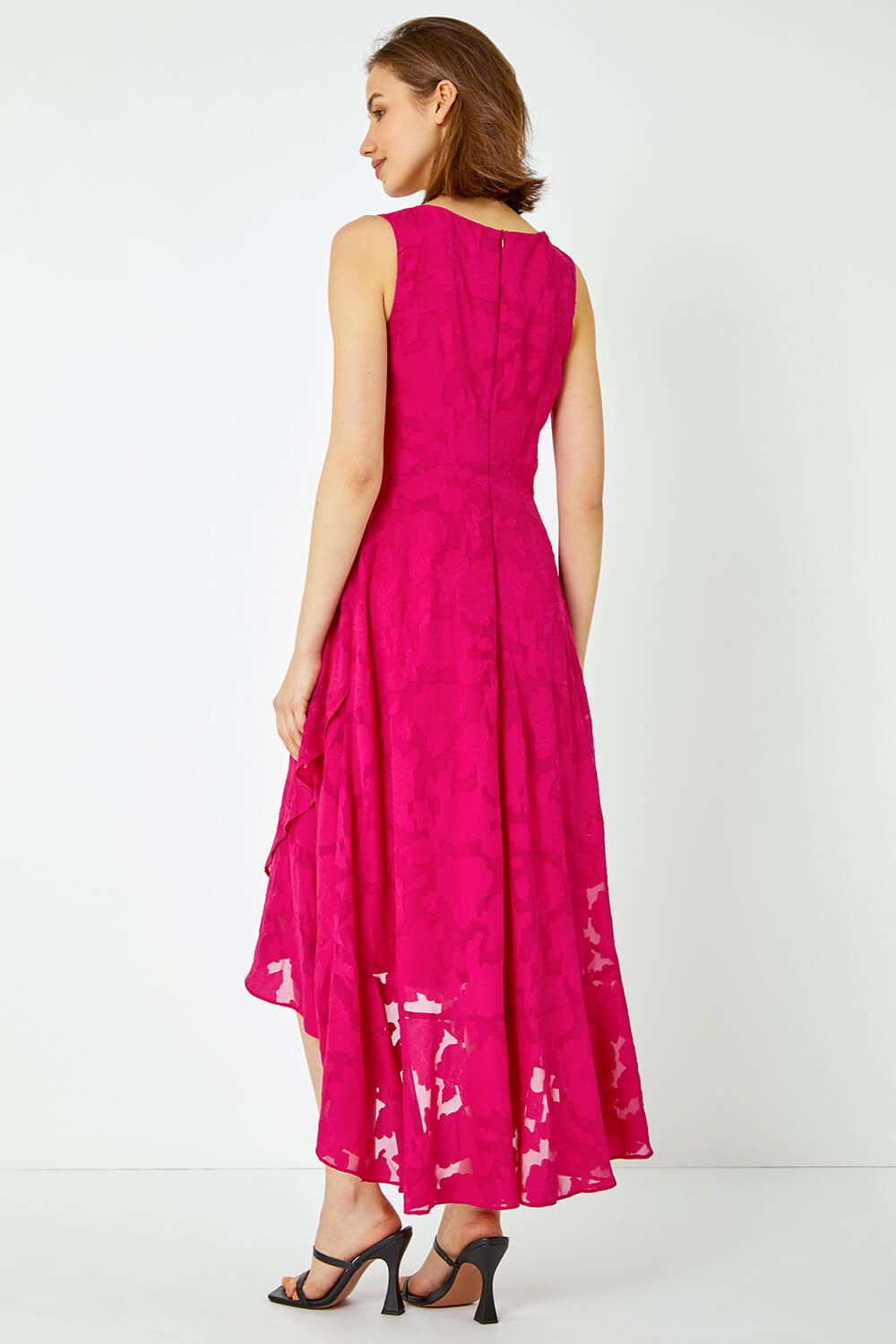 CERISE Sleeveless Jacquard Dipped Hem Midi Dress, Image 3 of 5