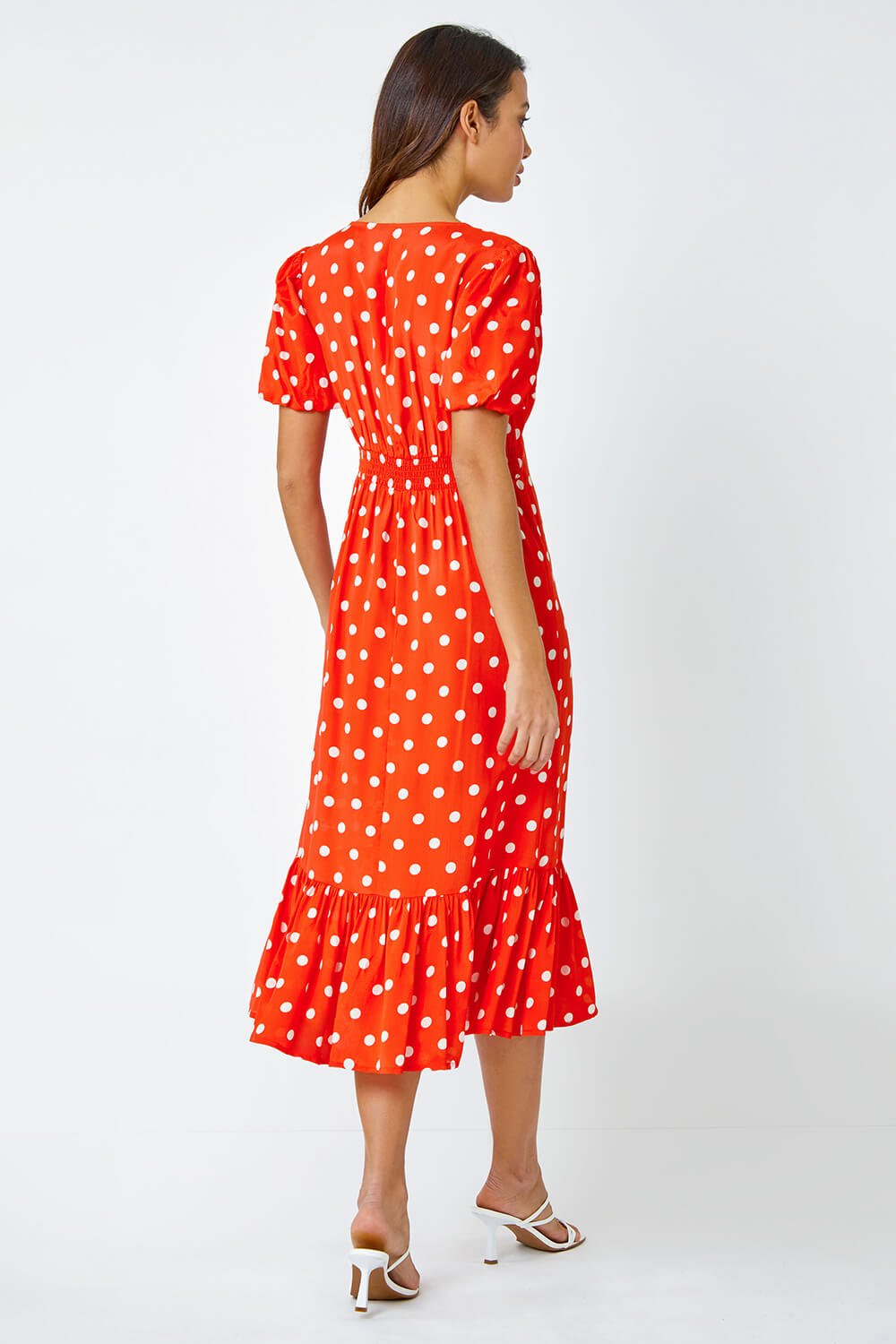 Red Polka Dot Twist Front Midi Dress, Image 3 of 6