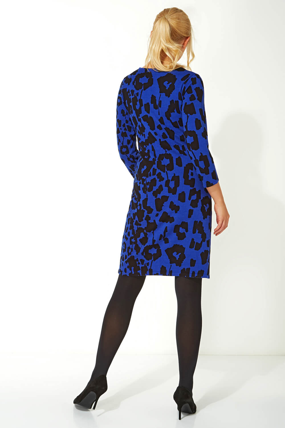Royal Blue Leopard Print Knitted Dress, Image 3 of 4