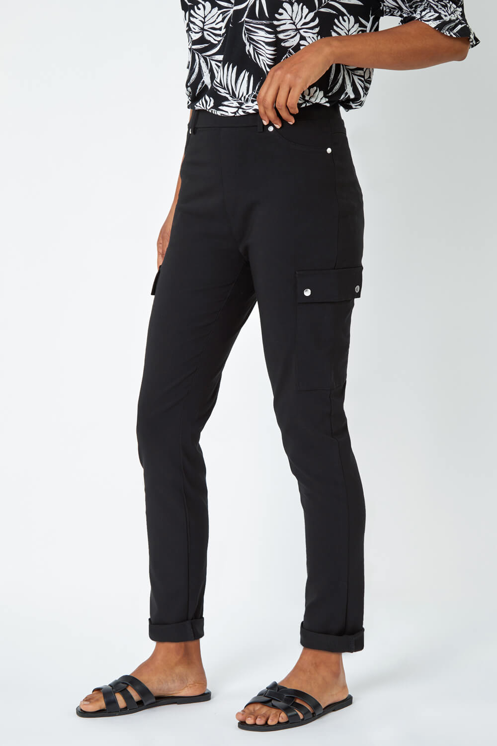 Black Turn Up Stretch Cargo Trousers, Image 5 of 5